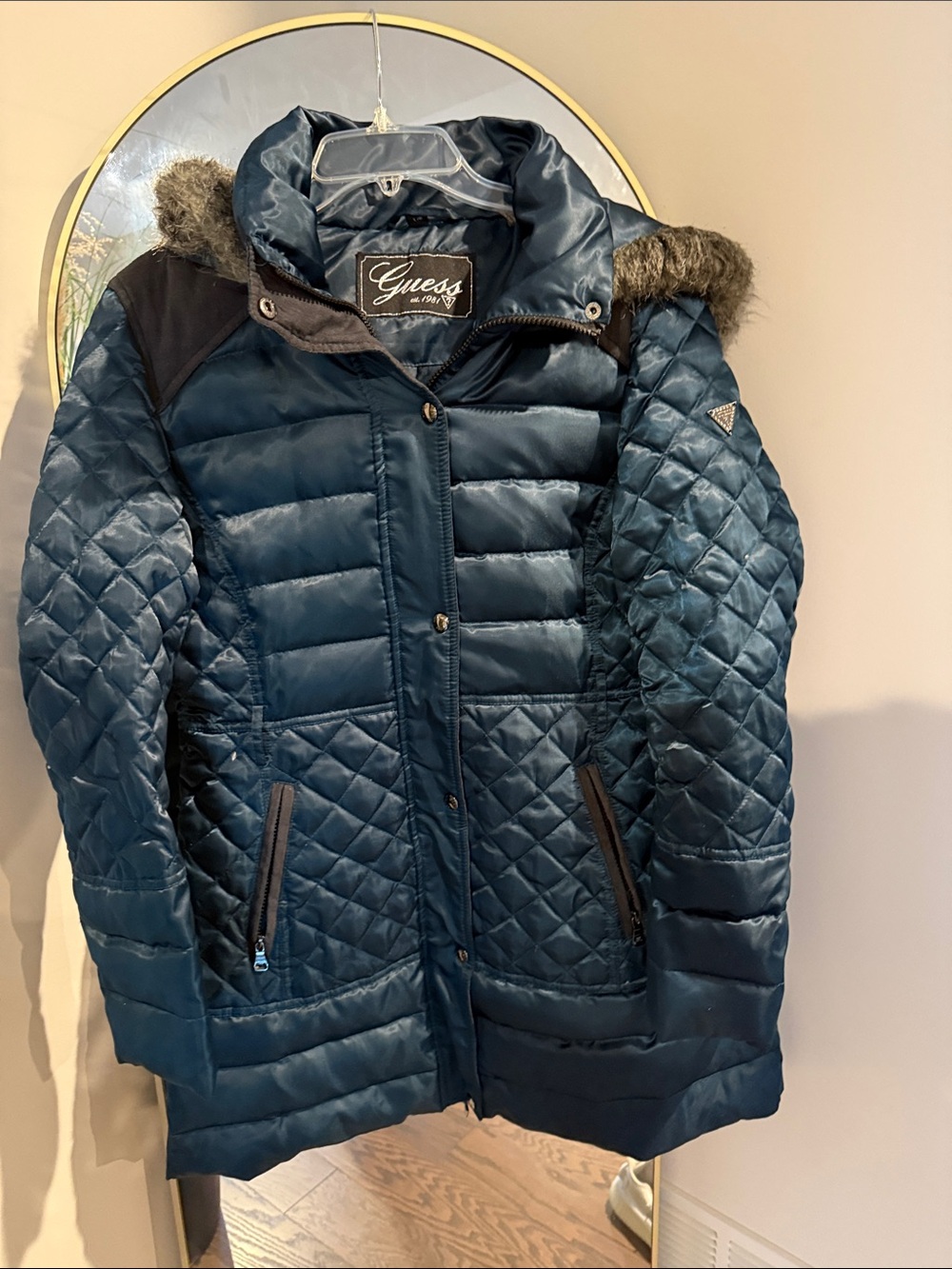 Guess Teal Quilted Puffer Coat with Fur Trim